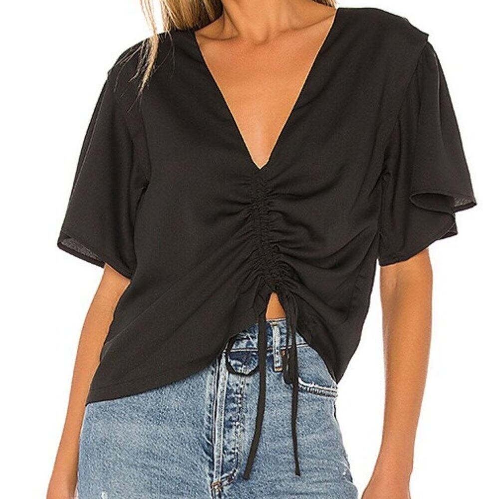 Lovers + Friends Valentina Black Cinch V-Neck Short Sleeve Top Size Small